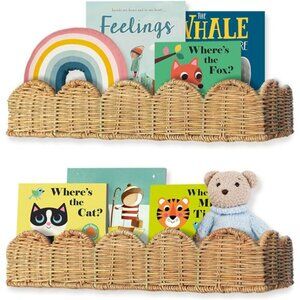 Set of 2 rattan nursery wall shelves wicker floating bookshelf kids room decor